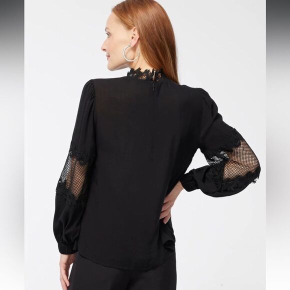 Black Label by Chico’s Black Lace Trim Cropped Blouse Long Cuffed Sleeve 16 - Picture 2 of 14